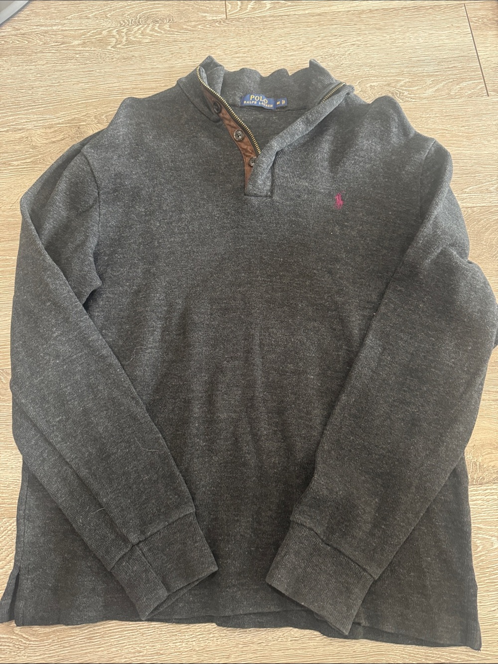 Ralph Lauren Dark Charcoal Zip-Neck Sweater with Purple Pony